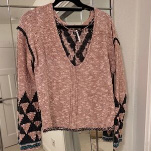 Free People V-Neck Sweater in Soft Pink and Black